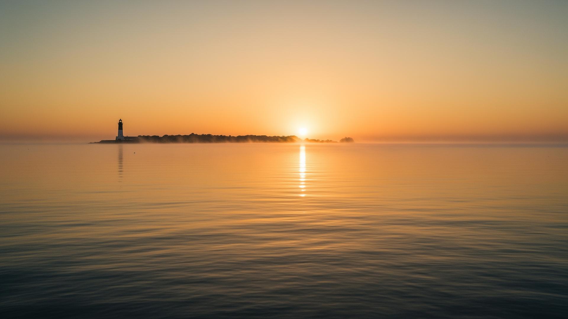 Lake Erie at sunrise with a distant lighthouse